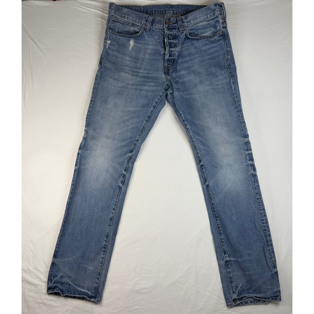 H&M &Denim Straight Regular Waist Jeans Mens 33/32 Blue Distressed 0400489 4